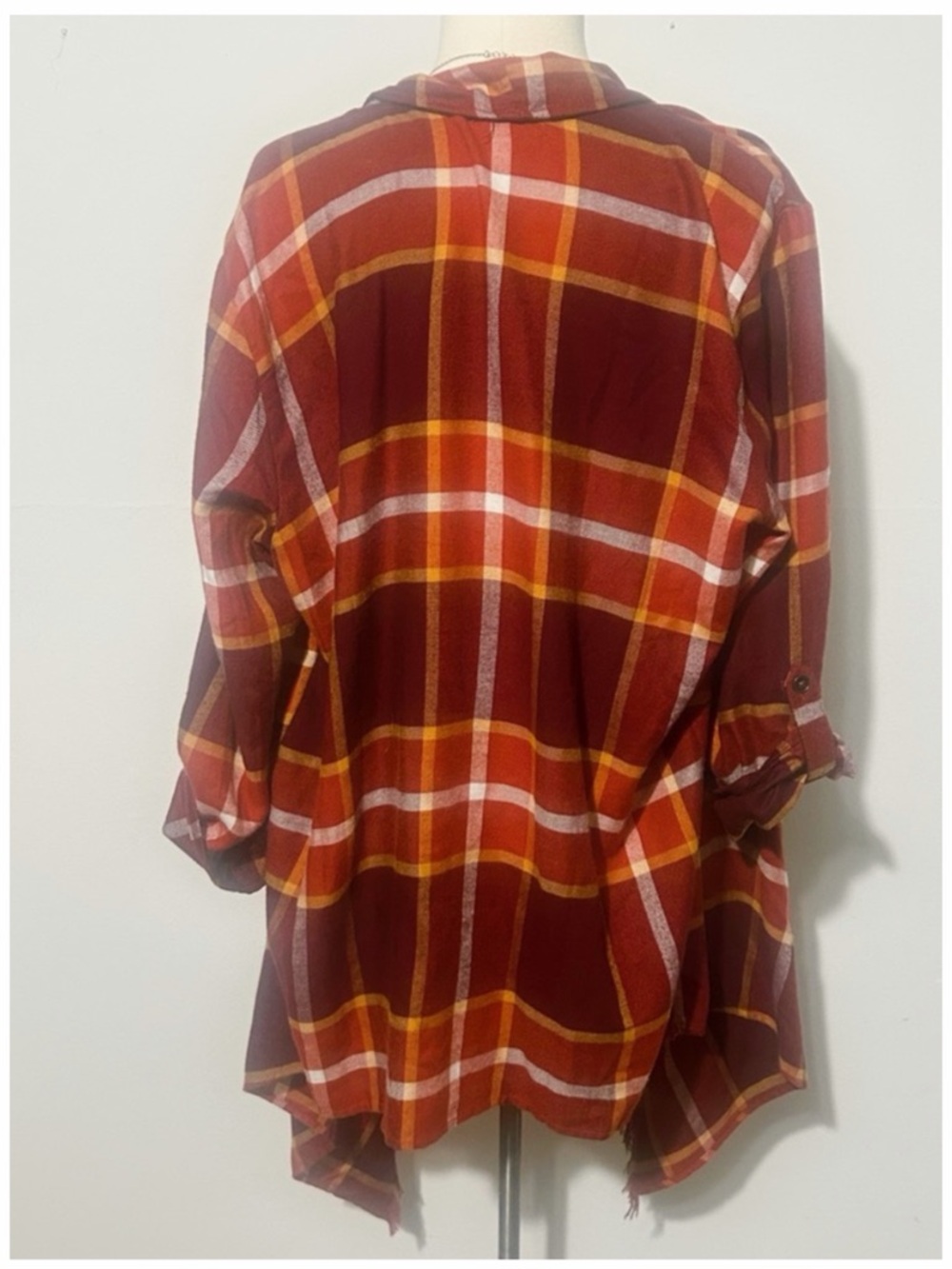 Maurices Plaid Open-Front Fringe Cardigan - Rust Plaid - Picture 3 of 5